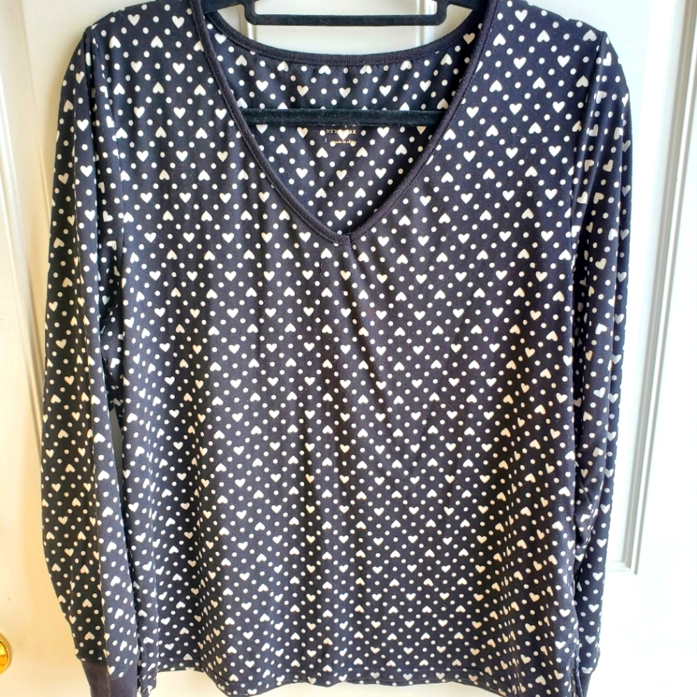 Kate Spade sz Large Long Sleeve top black with white hearts and polka dots